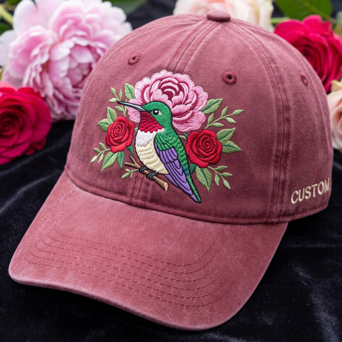 Personalized Hummingbird Roses Peony Floral Branch Embroidered Hat