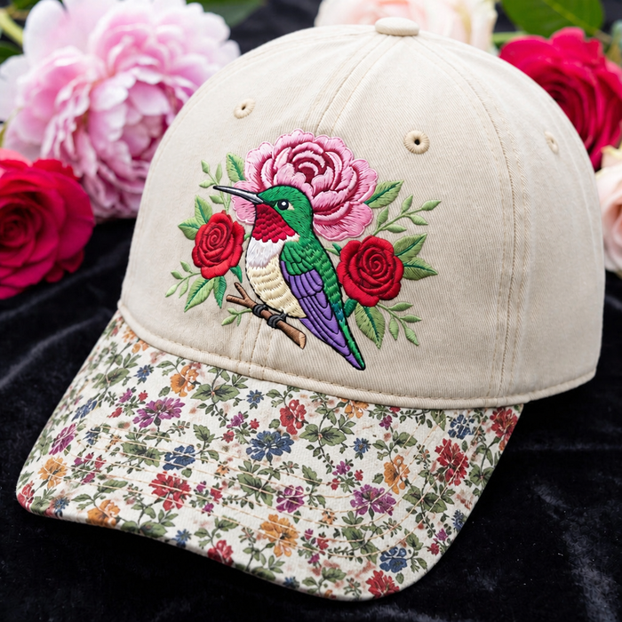 Personalized Hummingbird Roses Peony Floral Branch Embroidered Floral & Leopard Brim Hat