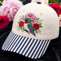 Personalized Hummingbird Roses Peony Floral Branch Embroidered Gingham & Stripe Brim Hat