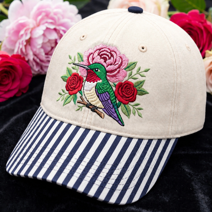 Personalized Hummingbird Roses Peony Floral Branch Embroidered Gingham & Stripe Brim Hat