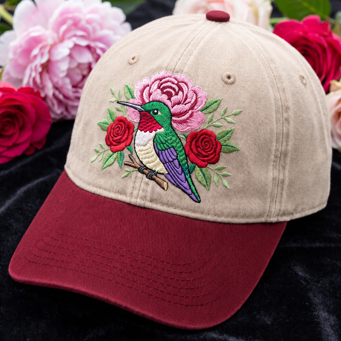 Personalized Hummingbird Roses Peony Floral Branch Embroidered Two-Tone Hat