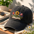 Floral Book Sunflower Tulip Wildflower Embroidered Hat — Washed Hat