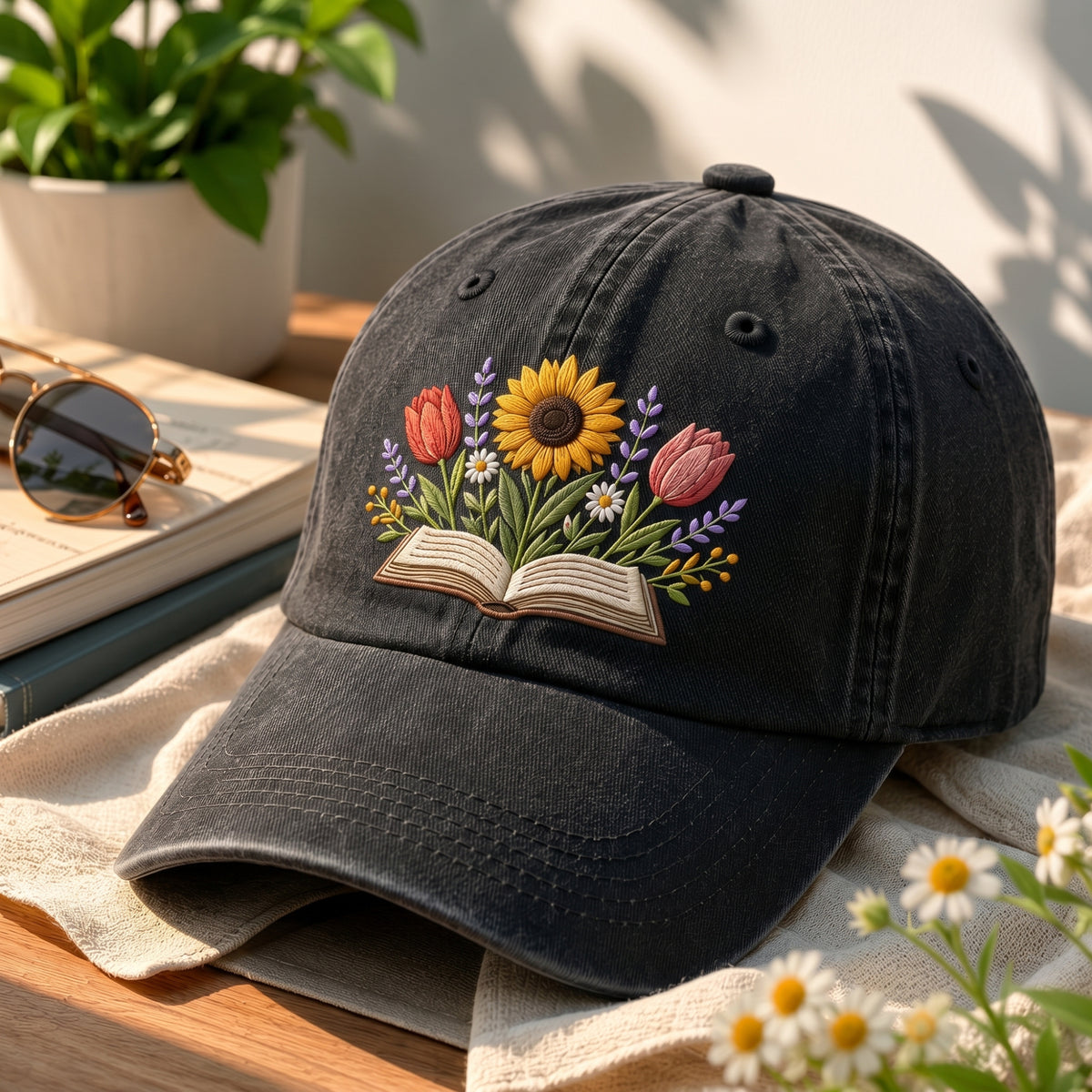 Floral Book Sunflower Tulip Wildflower Embroidered Hat — Washed Hat