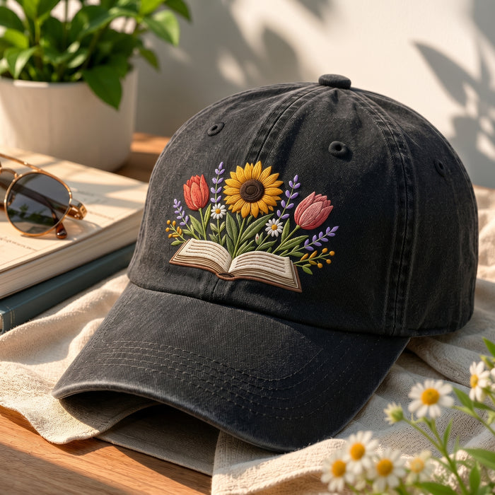 Floral Book Sunflower Tulip Wildflower Embroidered Hat