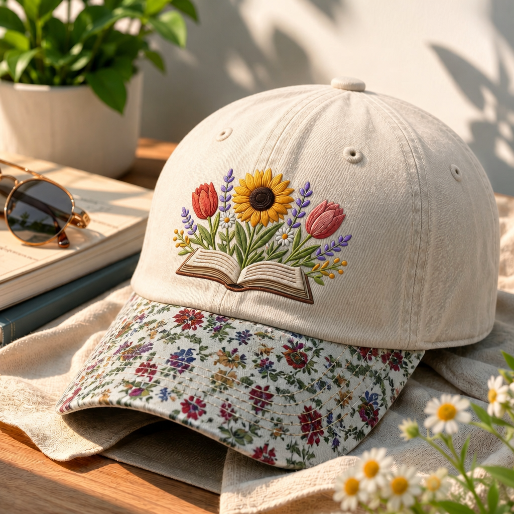Floral Book Sunflower Tulip Wildflower Embroidered Floral & Leopard Brim Hat
