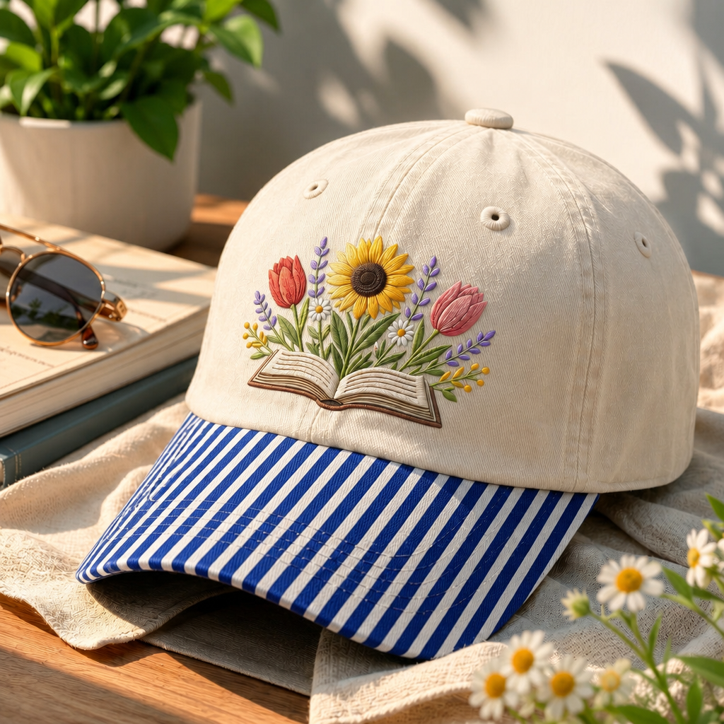 Floral Book Sunflower Tulip Wildflower Embroidered Gingham & Stripe Brim Hat