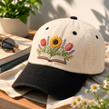 Floral Book Sunflower Tulip Wildflower Embroidered Two-Tone Hat