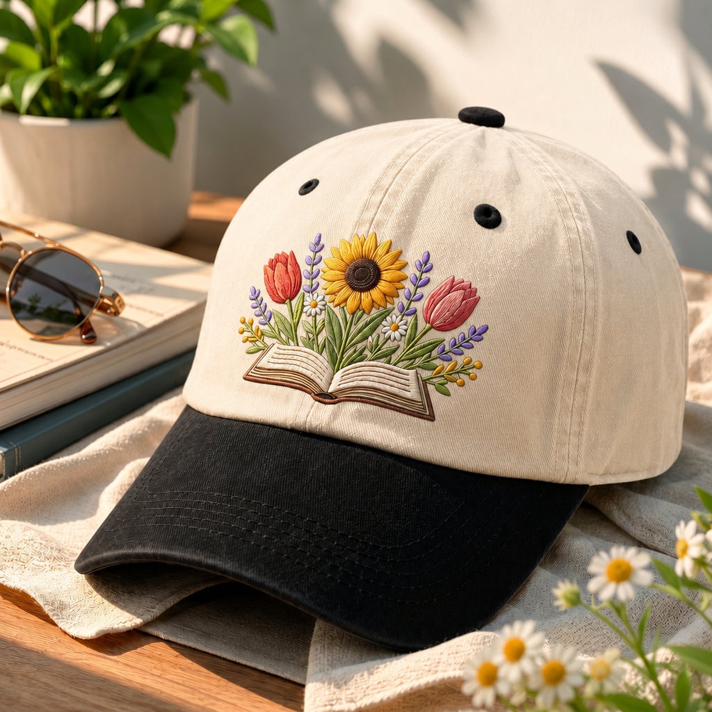 Floral Book Sunflower Tulip Wildflower Embroidered Two-Tone Hat