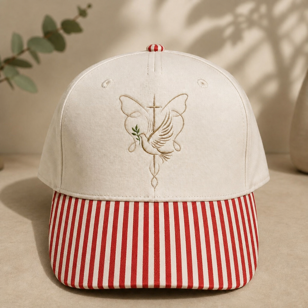 Faith Dove Cross Butterfly Floral Embroidered Gingham & Stripe Brim Hat
