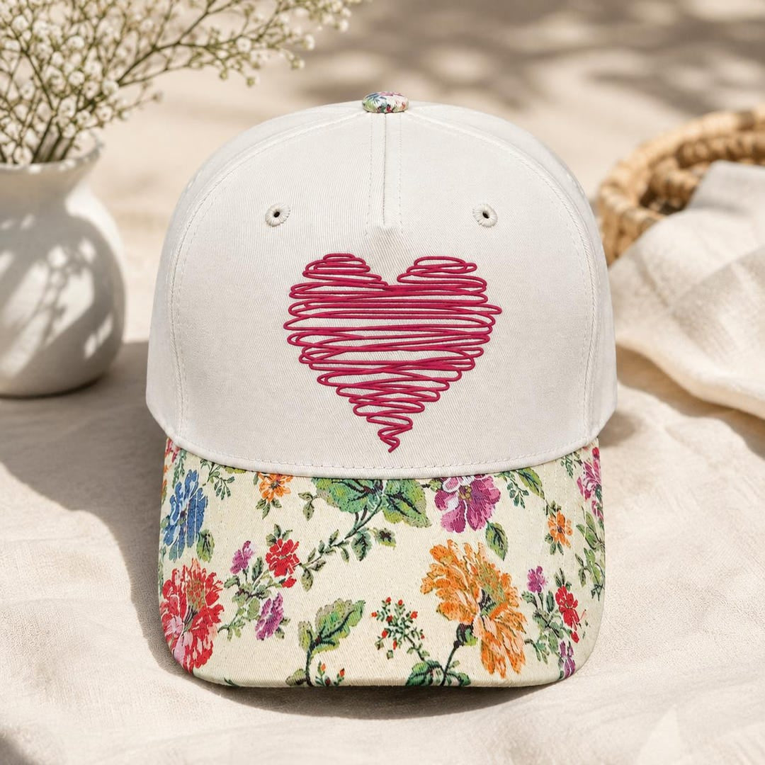 Scribble Heart Floral Brim Embroidered Hat — Baseball Cap