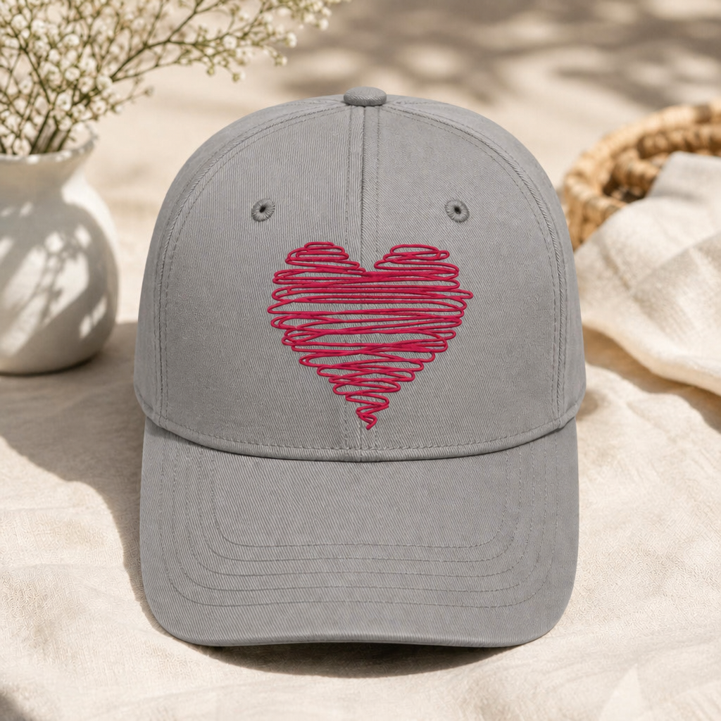 Scribble Heart Floral Brim Embroidered Hat