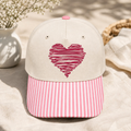 Scribble Heart Floral Brim Embroidered Gingham & Stripe Brim Hat