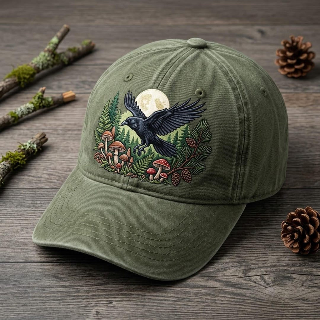 Raven Moon Forest Mushroom Botanical Nature Embroidered Hat — Washed Hat