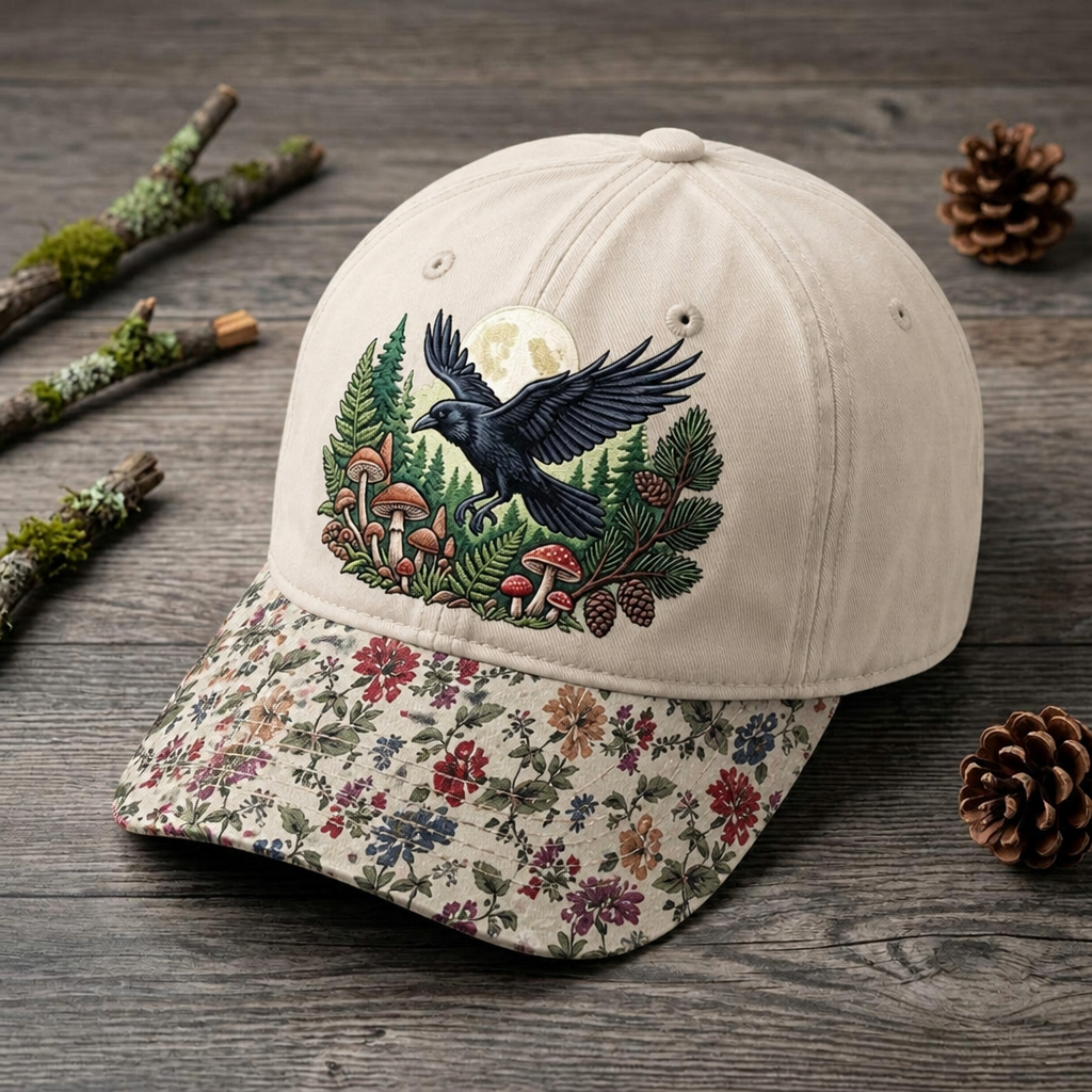 Raven Moon Forest Mushroom Botanical Nature Embroidered Floral & Leopard Brim Hat