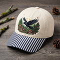 Raven Moon Forest Mushroom Botanical Nature Embroidered Gingham & Stripe Brim Hat
