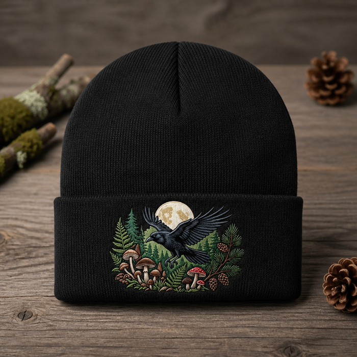 Raven Moon Forest Mushroom Botanical Nature Embroidered Beanie