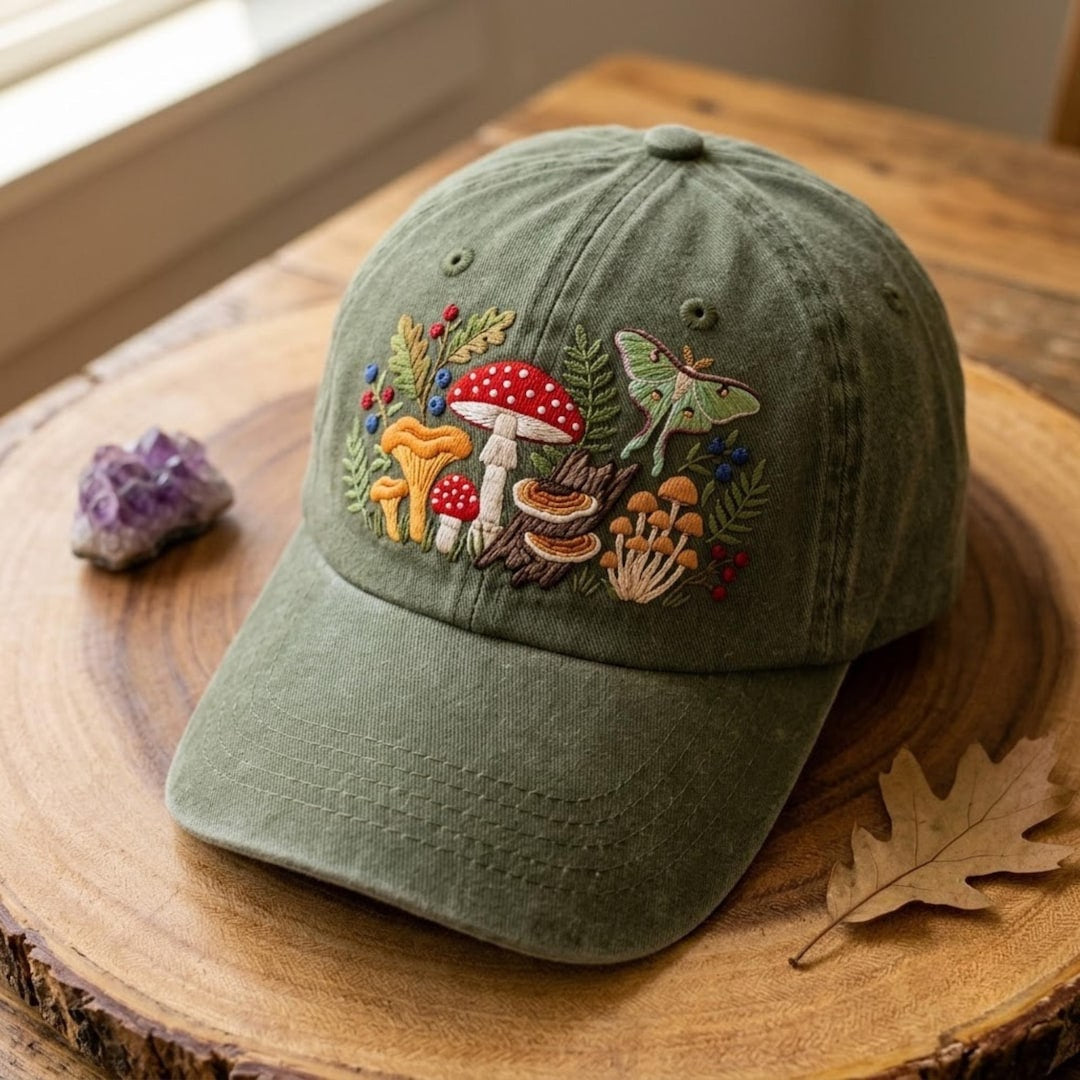 Mushroom Cottagecore Luna Moth Floral Forest Embroidered Hat — Washed Hat