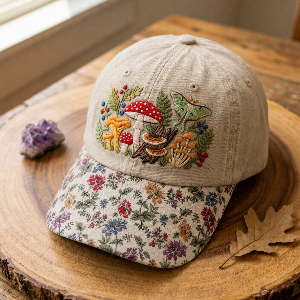 Mushroom Cottagecore Luna Moth Floral Forest Embroidered Floral & Leopard Brim Hat