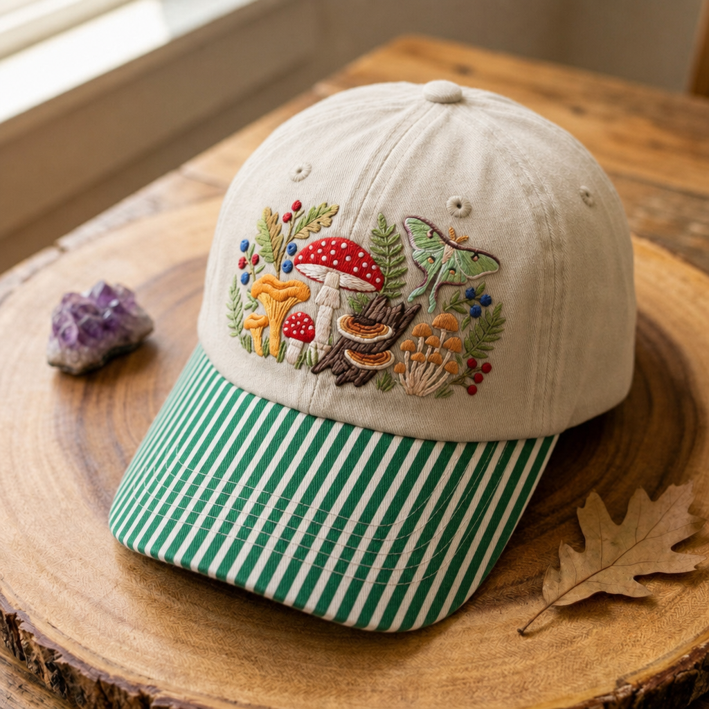Mushroom Cottagecore Luna Moth Floral Forest Embroidered Gingham & Stripe Brim Hat