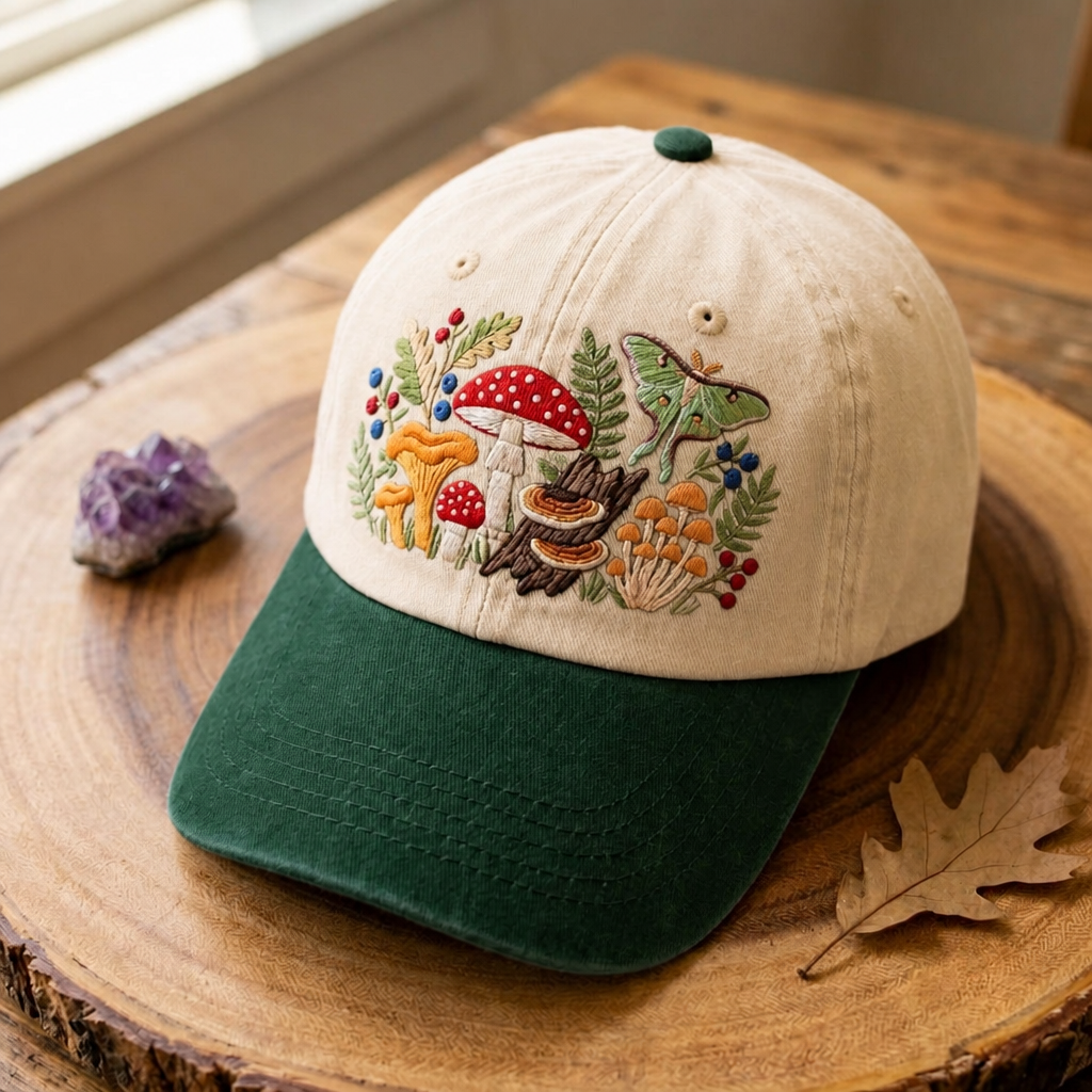 Mushroom Cottagecore Luna Moth Floral Forest Embroidered Two-Tone Hat