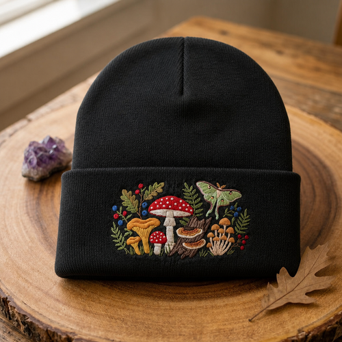 Mushroom Cottagecore Luna Moth Floral Forest Embroidered Beanie