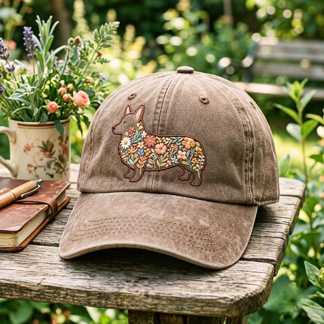 Floral Corgi Wildflower Botanical Dog Embroidered Hat — Washed Hat