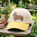 Floral Corgi Wildflower Botanical Dog Embroidered Gingham & Stripe Brim Hat