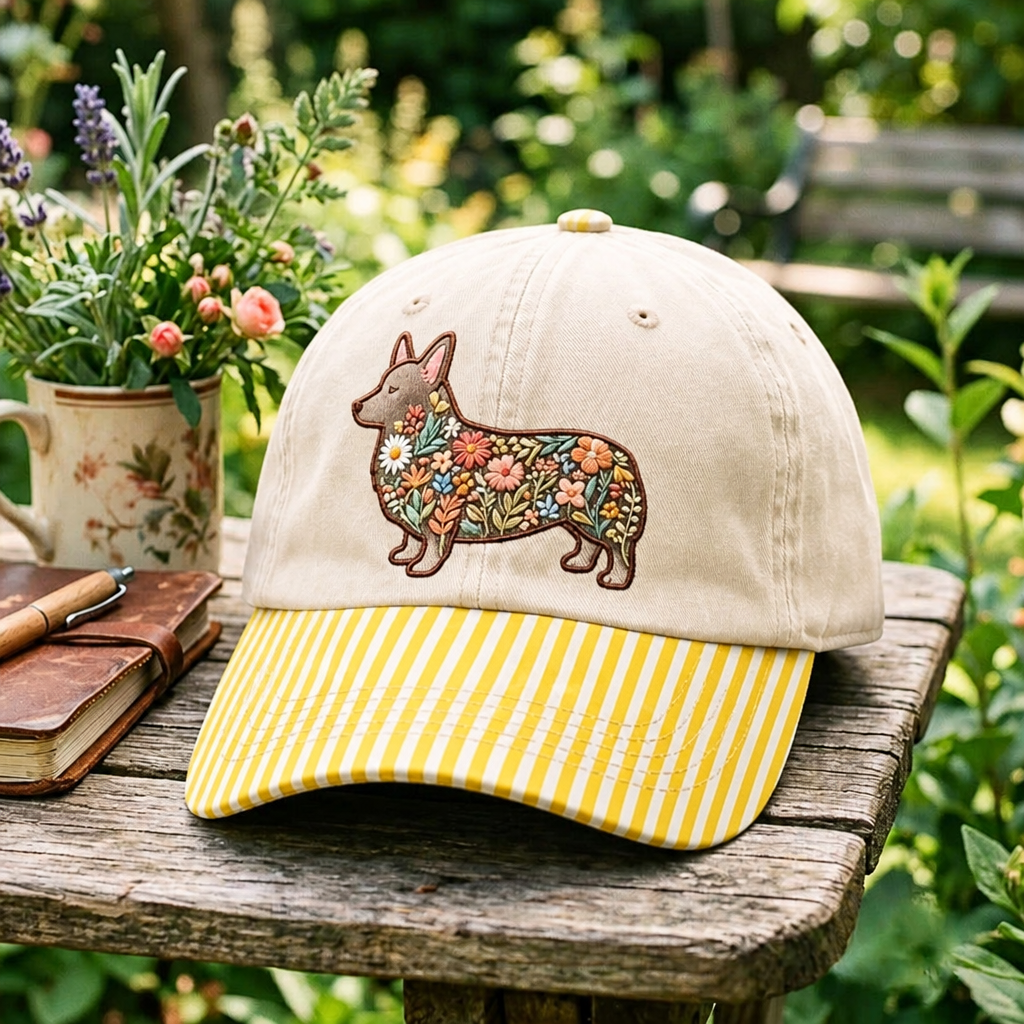 Floral Corgi Wildflower Botanical Dog Embroidered Gingham & Stripe Brim Hat