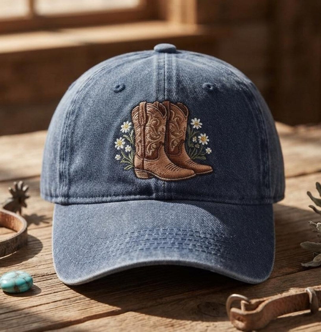 Cowboy Boots Wildflower Daisy Western Floral Embroidered Hat — Washed Hat