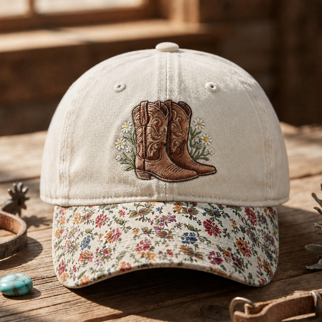 Cowboy Boots Wildflower Daisy Western Floral Embroidered Floral & Leopard Brim Hat