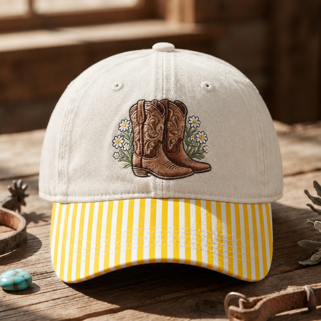 Cowboy Boots Wildflower Daisy Western Floral Embroidered Gingham & Stripe Brim Hat