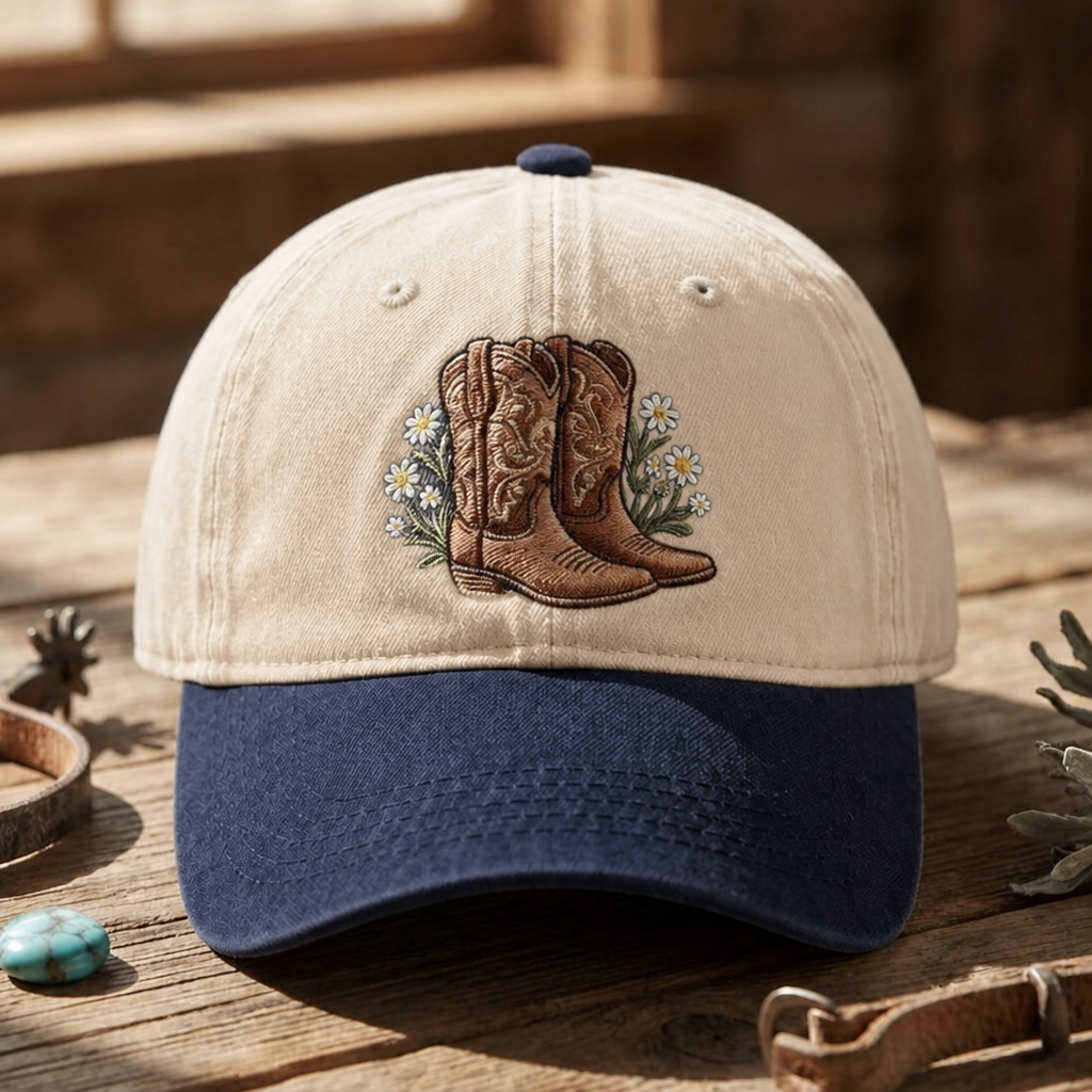 Cowboy Boots Wildflower Daisy Western Floral Embroidered Two-Tone Hat