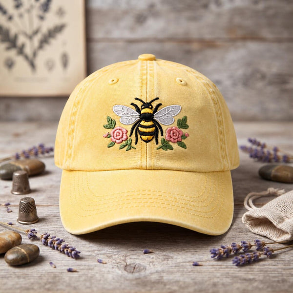 Bumblebee Floral Roses Botanical Garden Embroidered Hat — Washed Hat