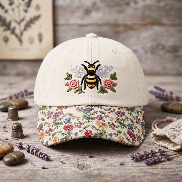 Bumblebee Floral Roses Botanical Garden Embroidered Floral & Leopard Brim Hat