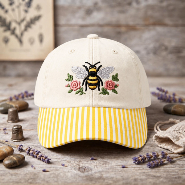 Bumblebee Floral Roses Botanical Garden Embroidered Gingham & Stripe Brim Hat