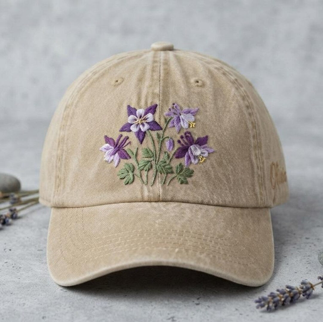 Columbine Wildflower Botanical Bouquet Embroidered Hat — Washed Hat