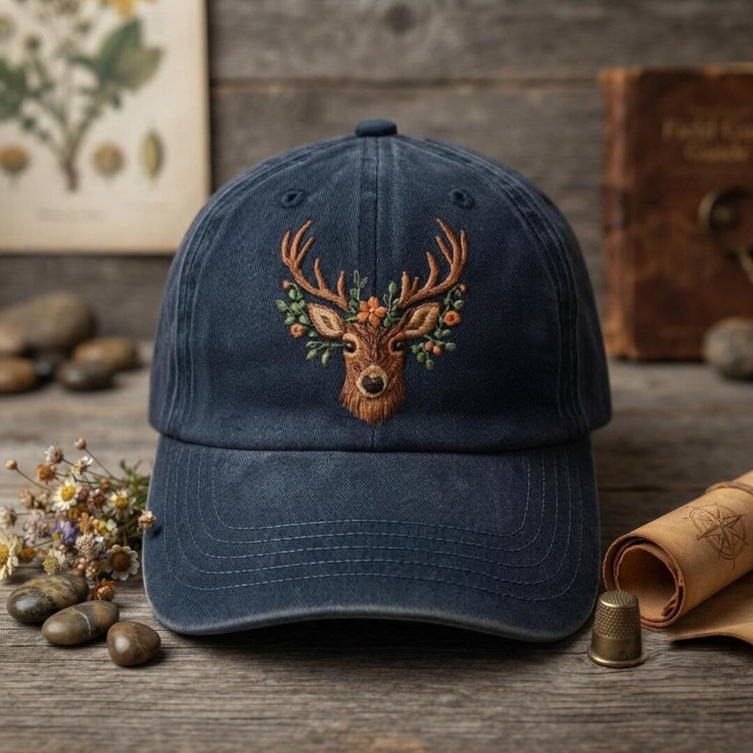 Floral Buck Deer Head Woodland Wildlife Nature Embroidered Hat — Washed Hat