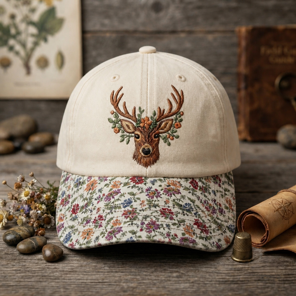 Floral Buck Deer Head Woodland Wildlife Nature Embroidered Floral & Leopard Brim Hat