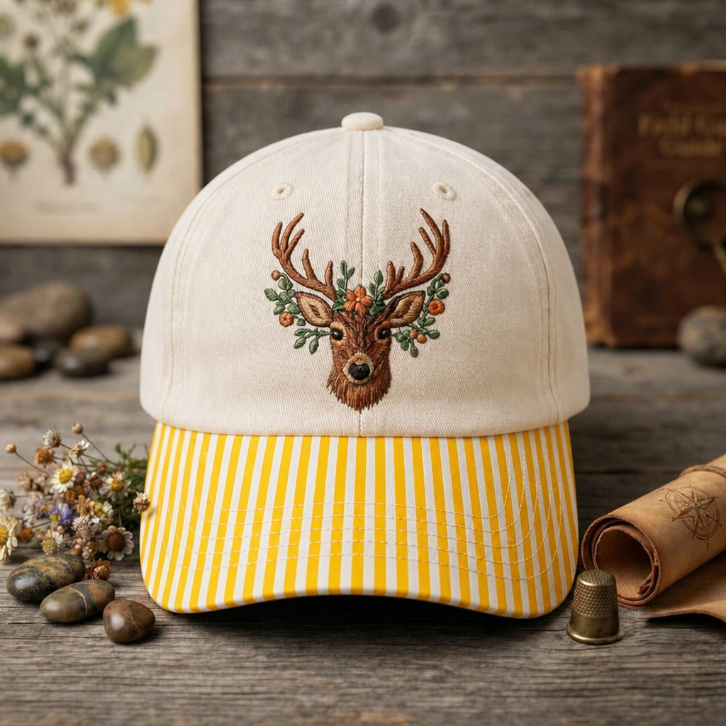 Floral Buck Deer Head Woodland Wildlife Nature Embroidered Gingham & Stripe Brim Hat