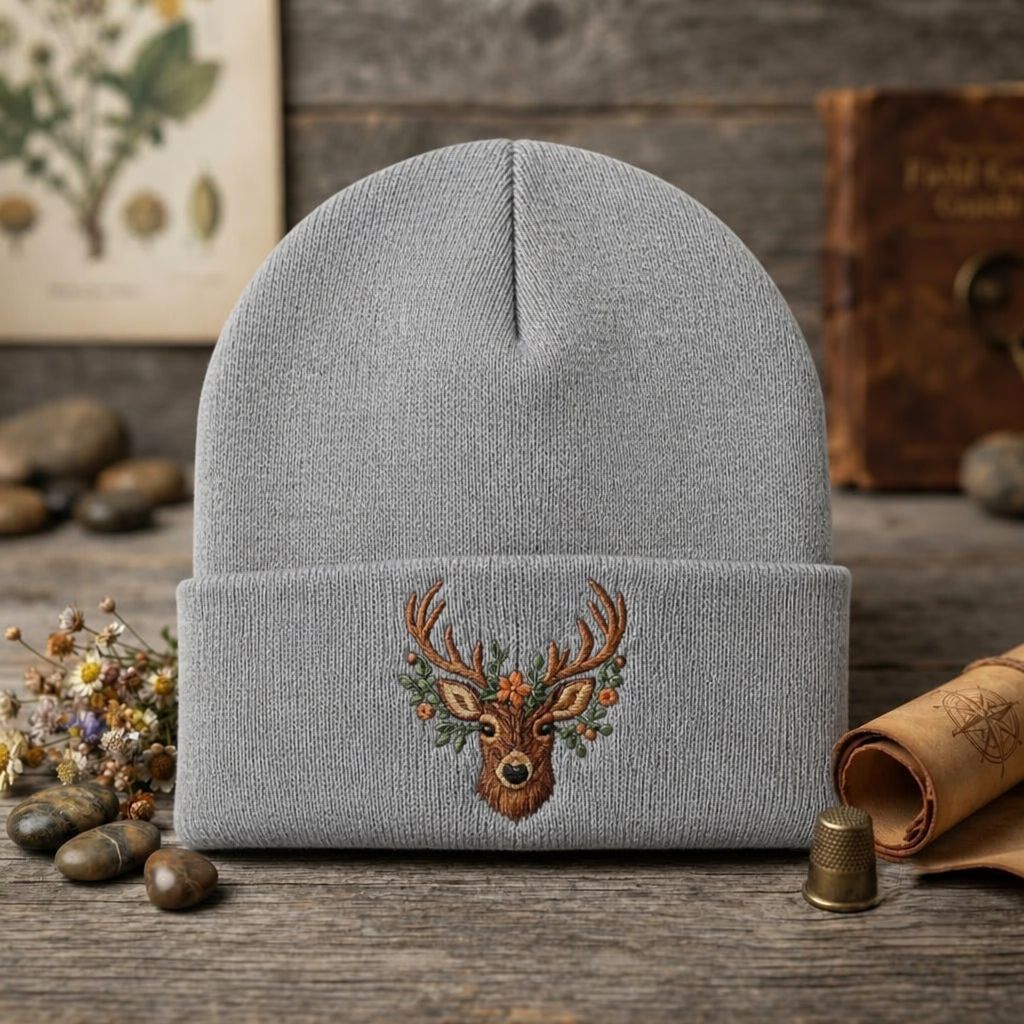 Floral Buck Deer Head Woodland Wildlife Nature Embroidered Beanie