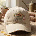 Sunflower Wheelbarrow Gardening Gloves Floral Embroidered Hat — Washed Hat