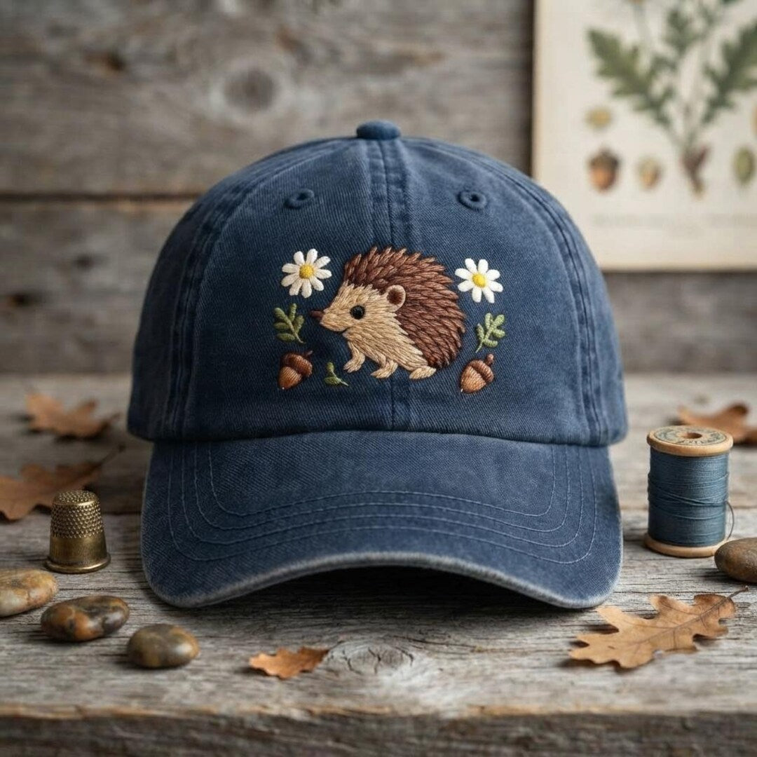 Hedgehog Daisy Acorn Floral Woodland Embroidered Hat — Washed Hat