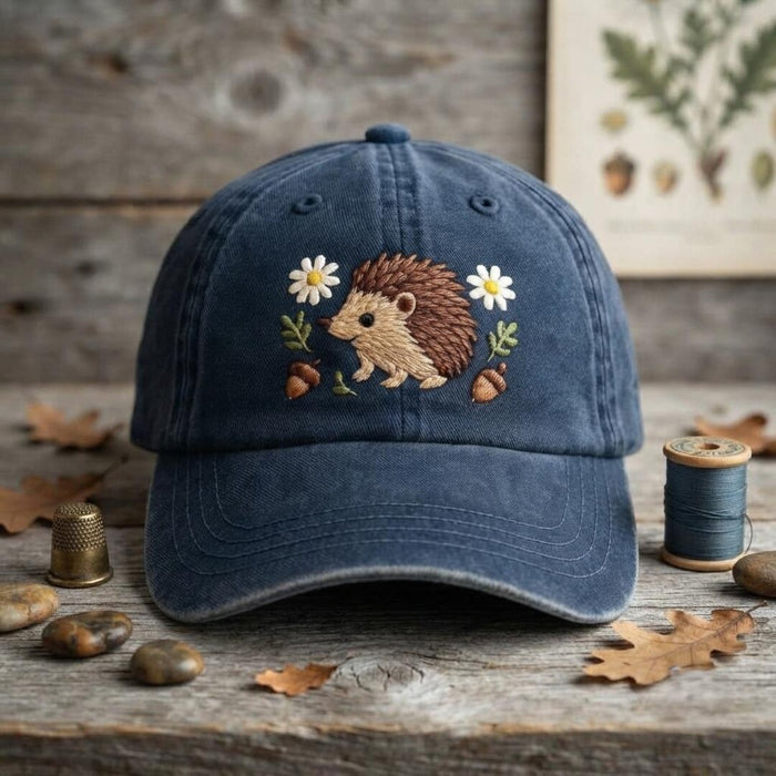 Hedgehog Daisy Acorn Floral Woodland Embroidered Hat