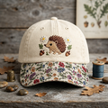 Hedgehog Daisy Acorn Floral Woodland Embroidered Floral & Leopard Brim Hat
