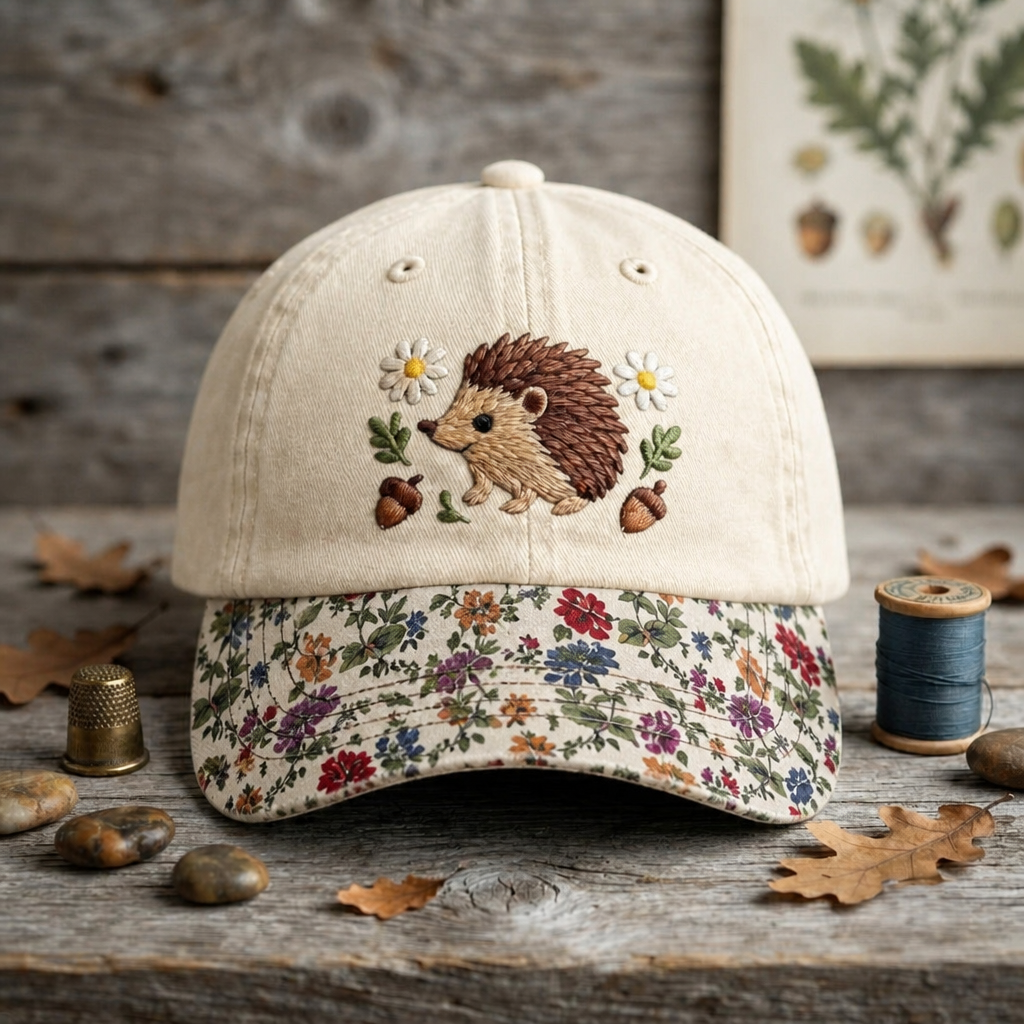 Hedgehog Daisy Acorn Floral Woodland Embroidered Floral & Leopard Brim Hat