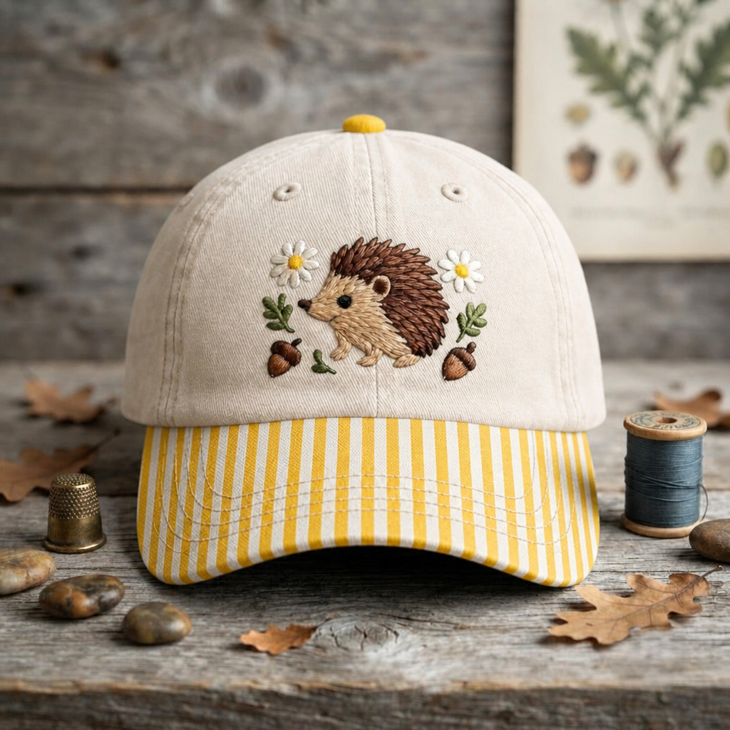 Hedgehog Daisy Acorn Floral Woodland Embroidered Gingham & Stripe Brim Hat