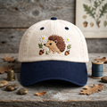 Hedgehog Daisy Acorn Floral Woodland Embroidered Two-Tone Hat