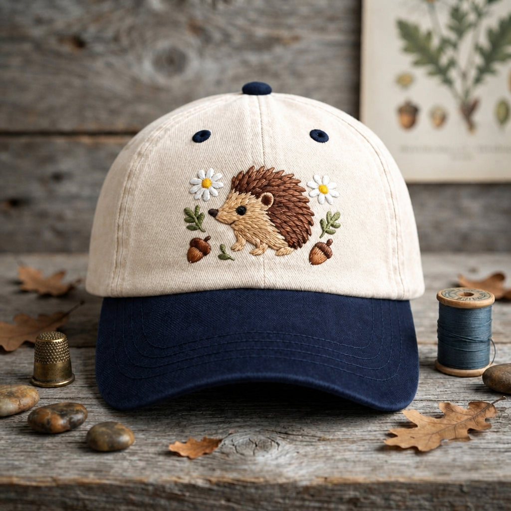 Hedgehog Daisy Acorn Floral Woodland Embroidered Two-Tone Hat