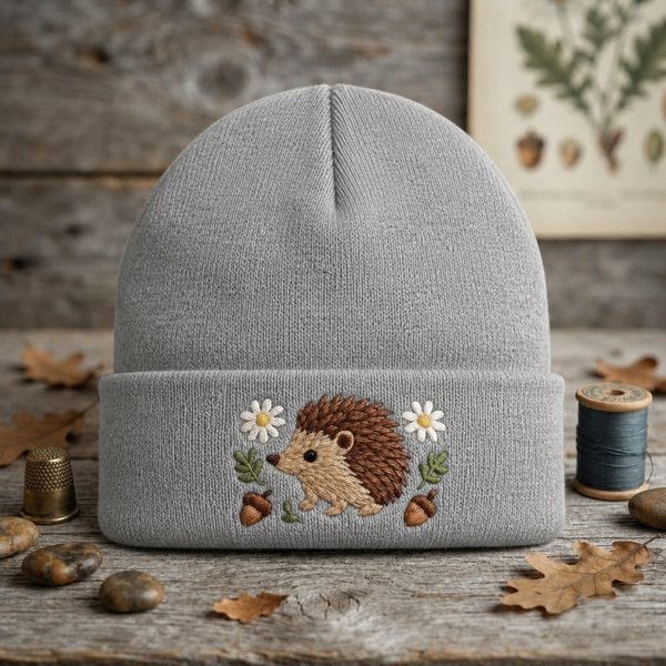 Hedgehog Daisy Acorn Floral Woodland Embroidered Beanie