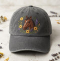 Horse Portrait Wildflower Floral Wreath Sunflower Lavender Embroidered Hat — Washed Hat